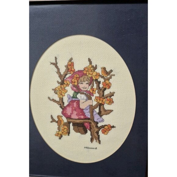 Vintage Hummel Finished Cross Stitch Professionally Framed Art Girl in a Tree - Picture 2 of 6